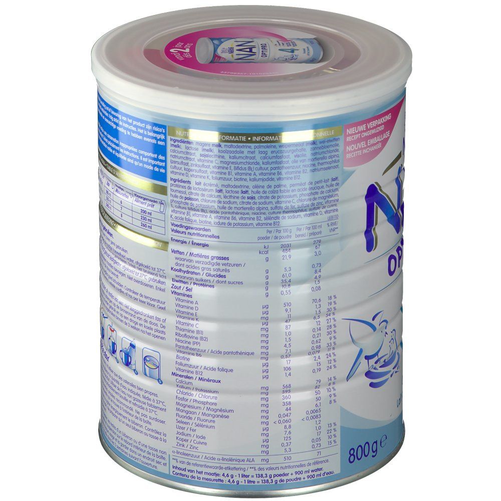Dos de la boîte Nestlé NAN OPTIPRO 3. Contient des informations nutritionnelles et une liste d'ingrédients. 800g. Avec tableau nutritionnel.