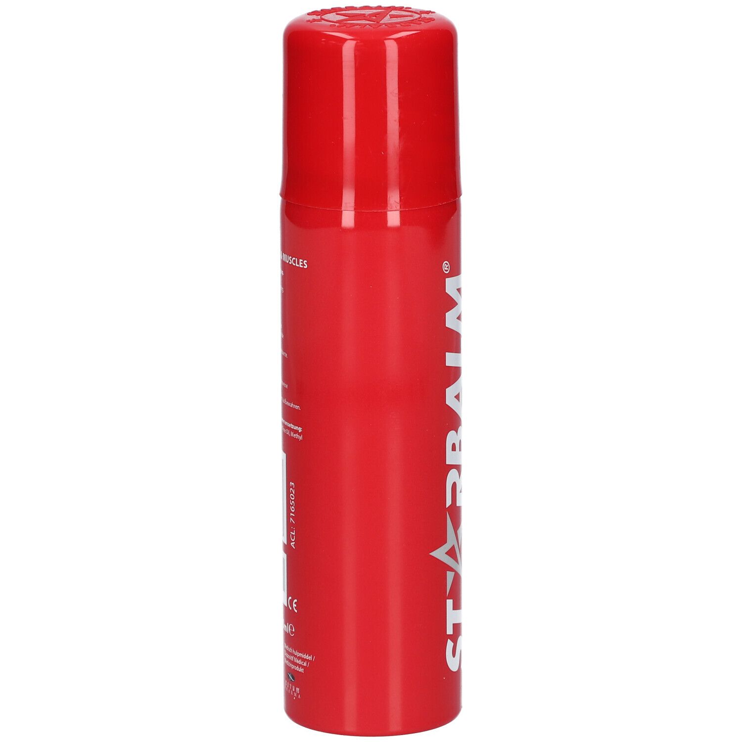 Rote Sprühflasche mit weißer Schrift. Text auf der Seite. Deckel oben.