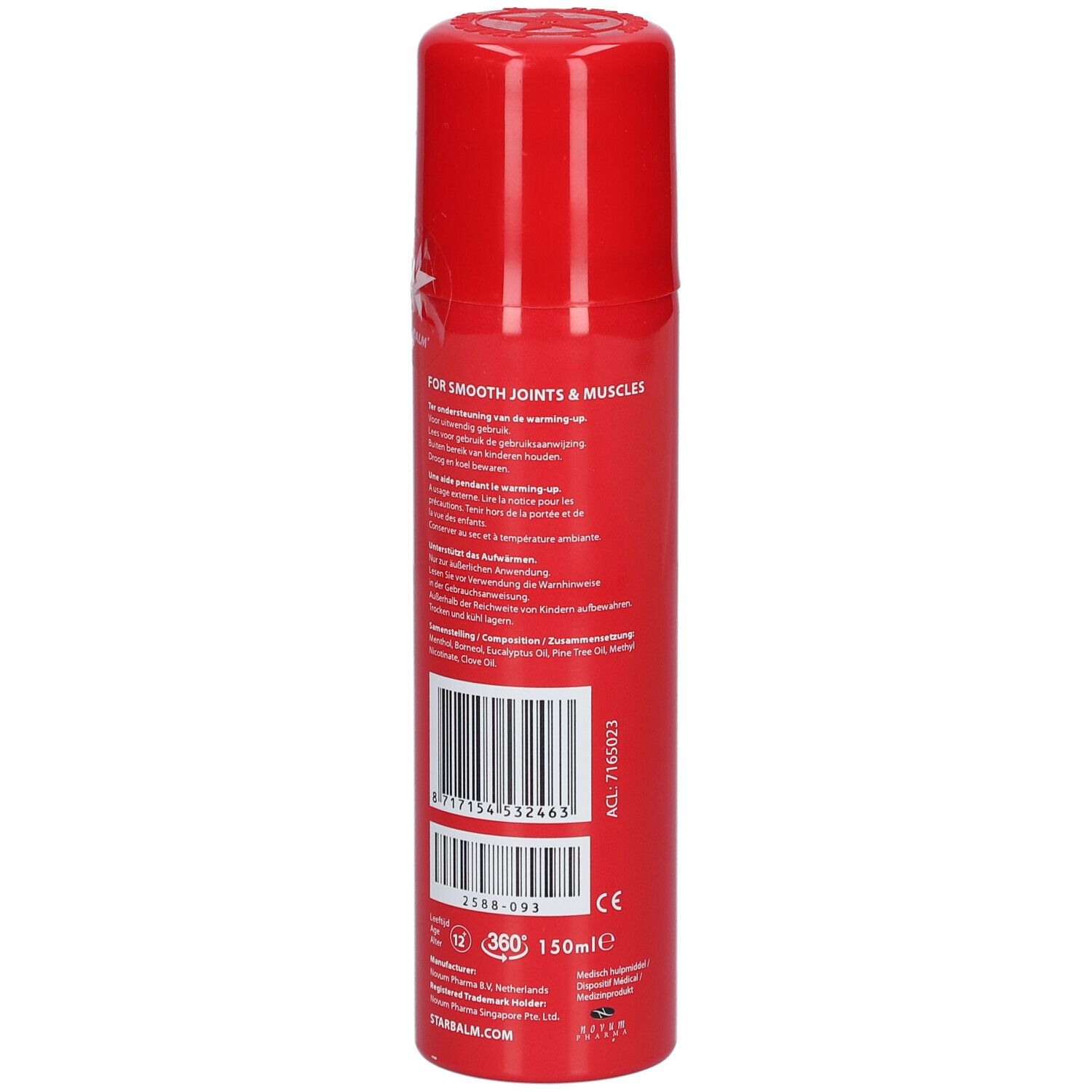 Rote Sprühflasche mit Barcode und Text. Deckel oben. 150ml.