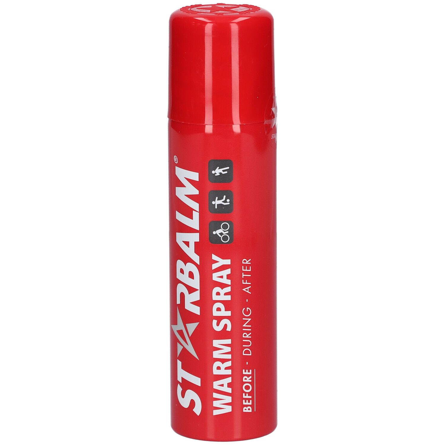 Rote Sprühflasche mit weißem Schriftzug STARBALM und Piktogrammen. Deckel oben.