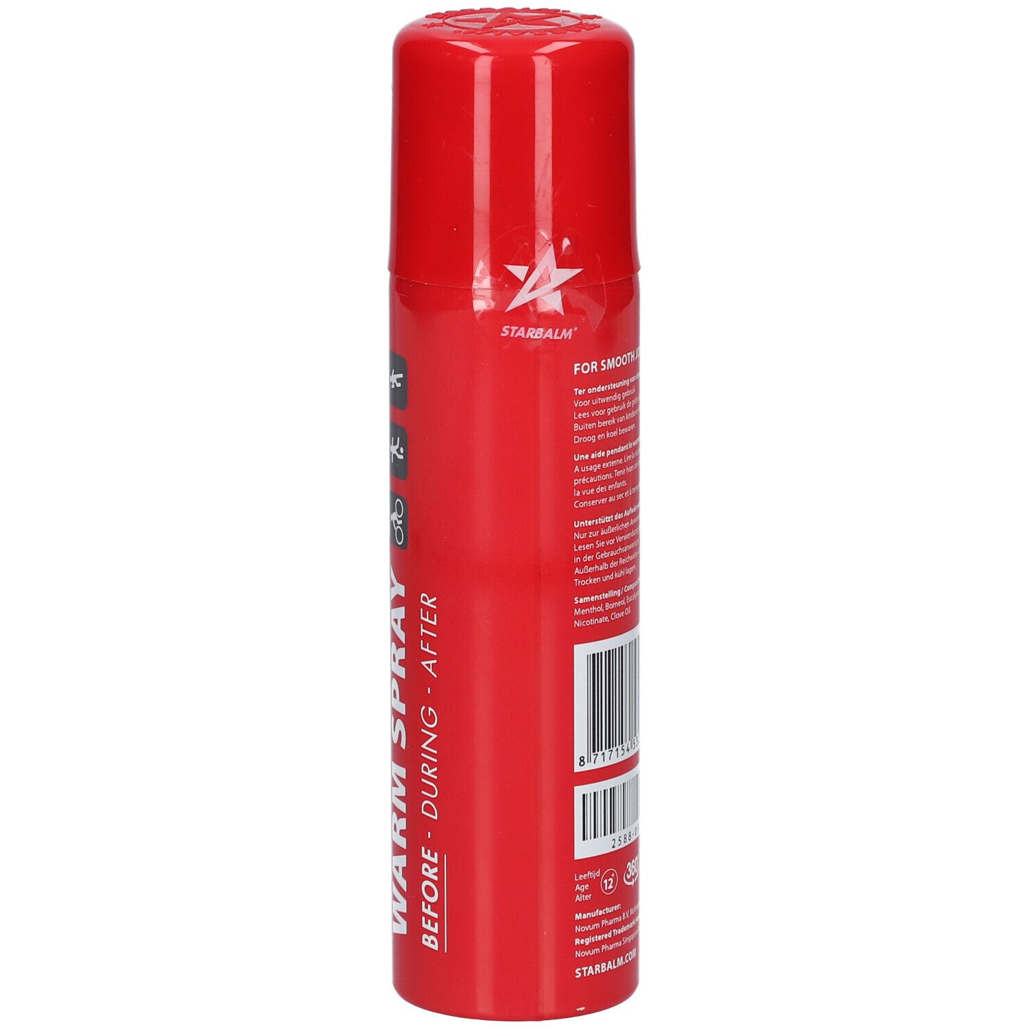 Rote Sprühflasche mit weißer Schrift. Text auf der Seite. Deckel oben.
