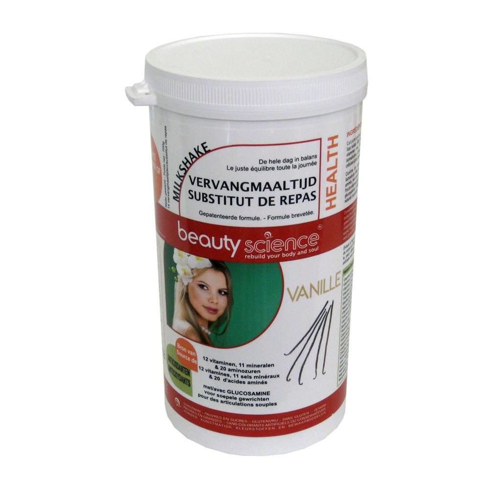 Récipient blanc avec couvercle. Inscription : Milkshake, Vanille, Beauty Science. Image d'une femme. Texte en plusieurs langues.