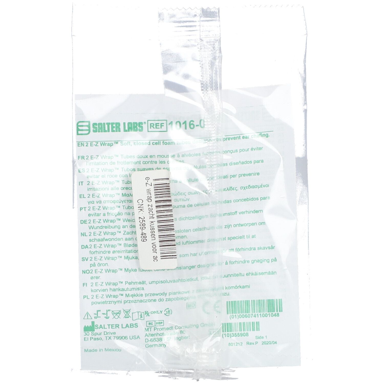 Emballage transparent avec deux bandes grises. Informations produit et logo du fabricant imprimés.