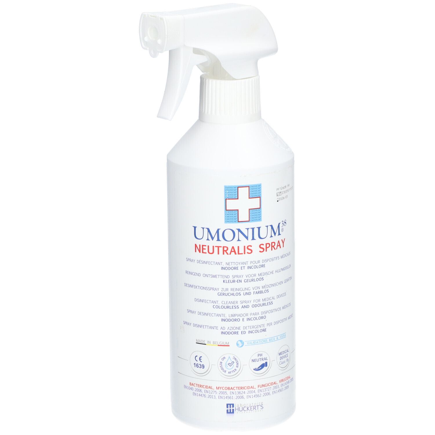 Witte spuitfles met blauw kruislogo en tekst. Opschrift: Umonium 38 Neutralis Spray. Met spuitkop.