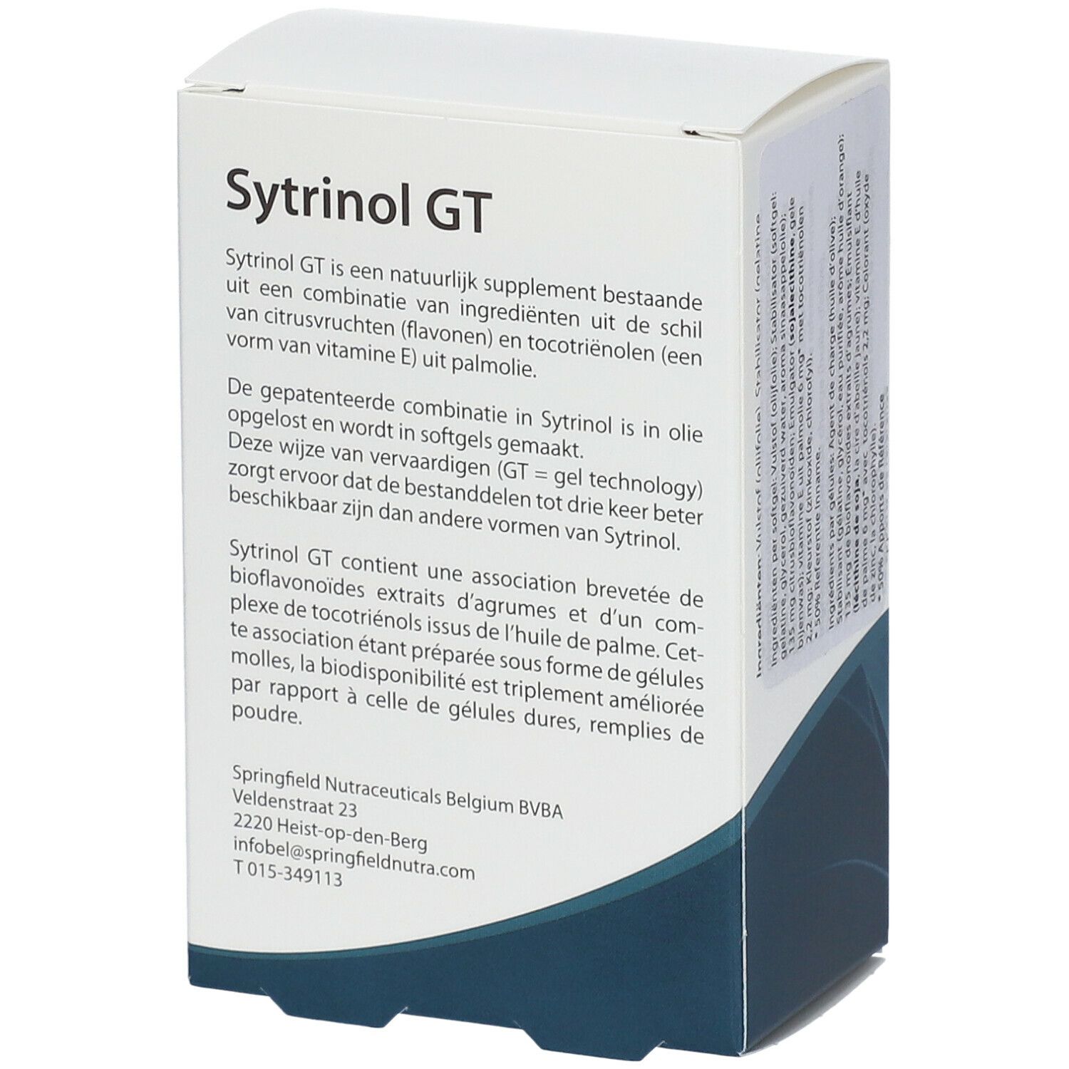 Boîte blanche avec informations sur le produit. Texte en plusieurs langues. Nom du produit en haut, coordonnées du fabricant en bas.