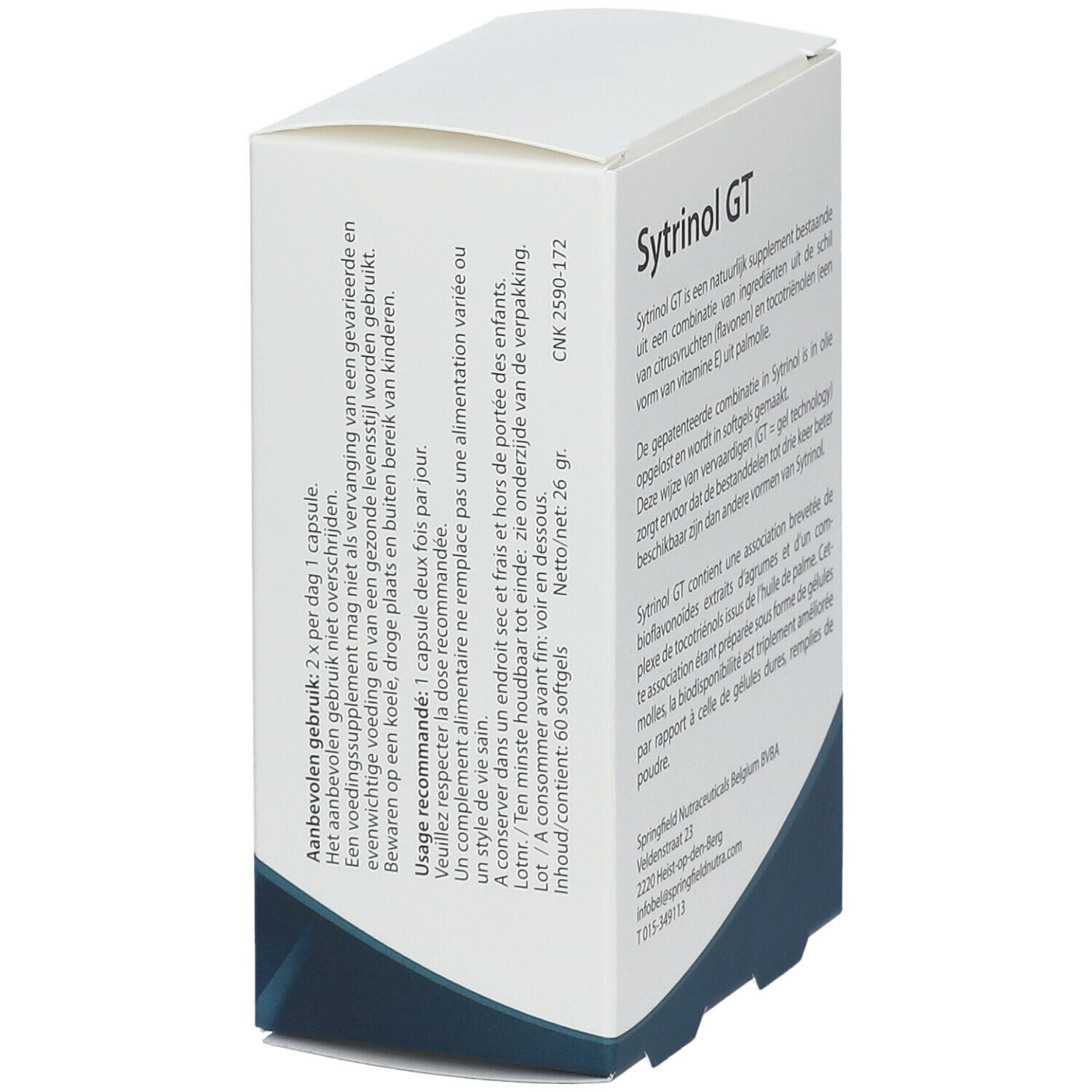 Boîte blanche, vue latérale. Texte en plusieurs langues. Nom du produit et coordonnées du fabricant. Contenu : 60 gélules.