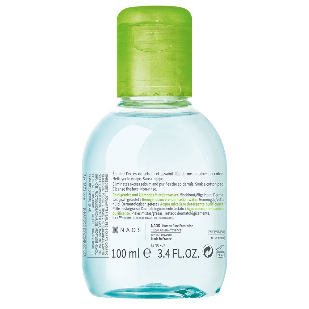 Dos du flacon. Texte multilingue. BIODERMA, 100 ml, 3.4 FL.OZ. Texte sur le nettoyage de la peau.