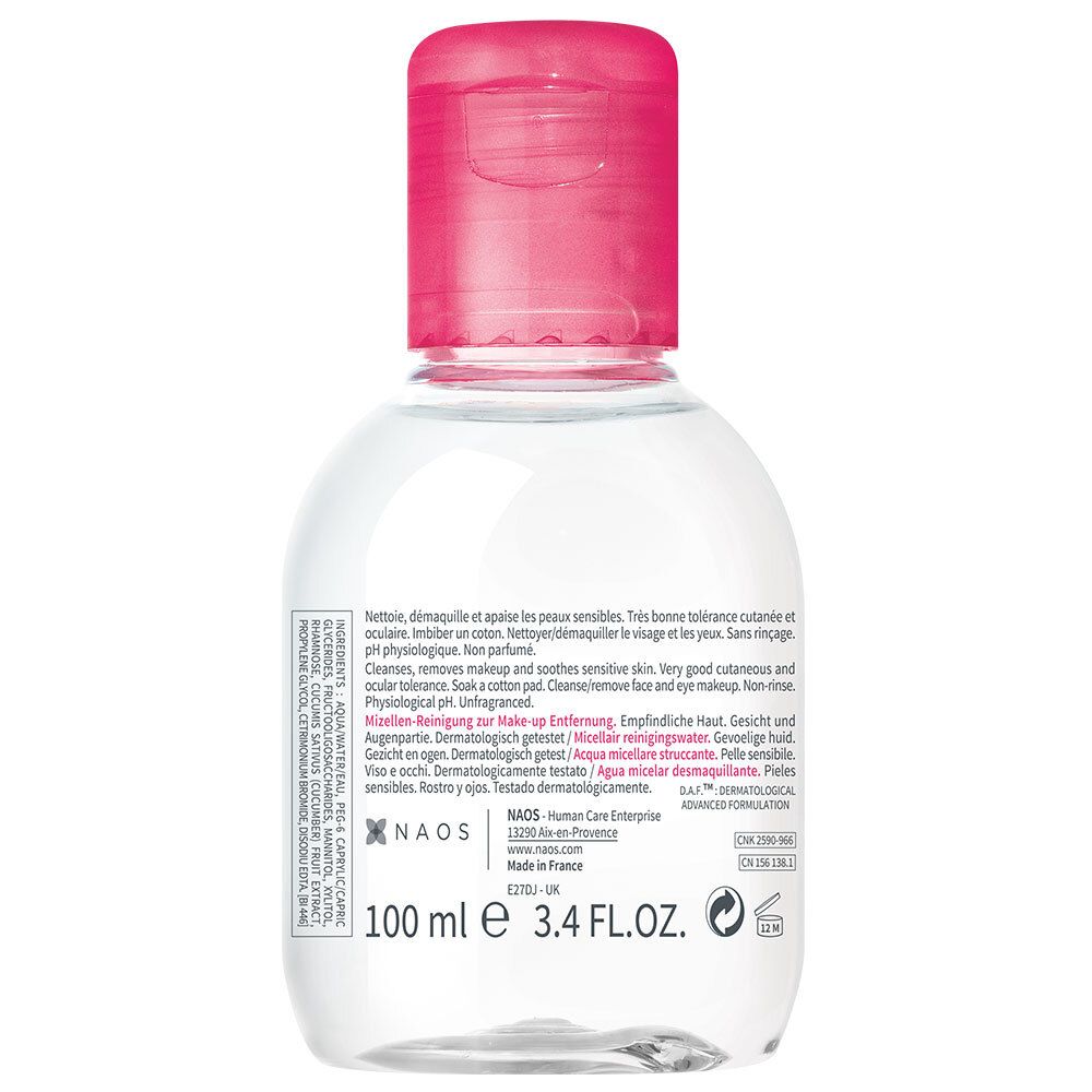 Dos du flacon. Texte multilingue. 100 ml. 3.4 FL.OZ. Logo et adresse NAOS.