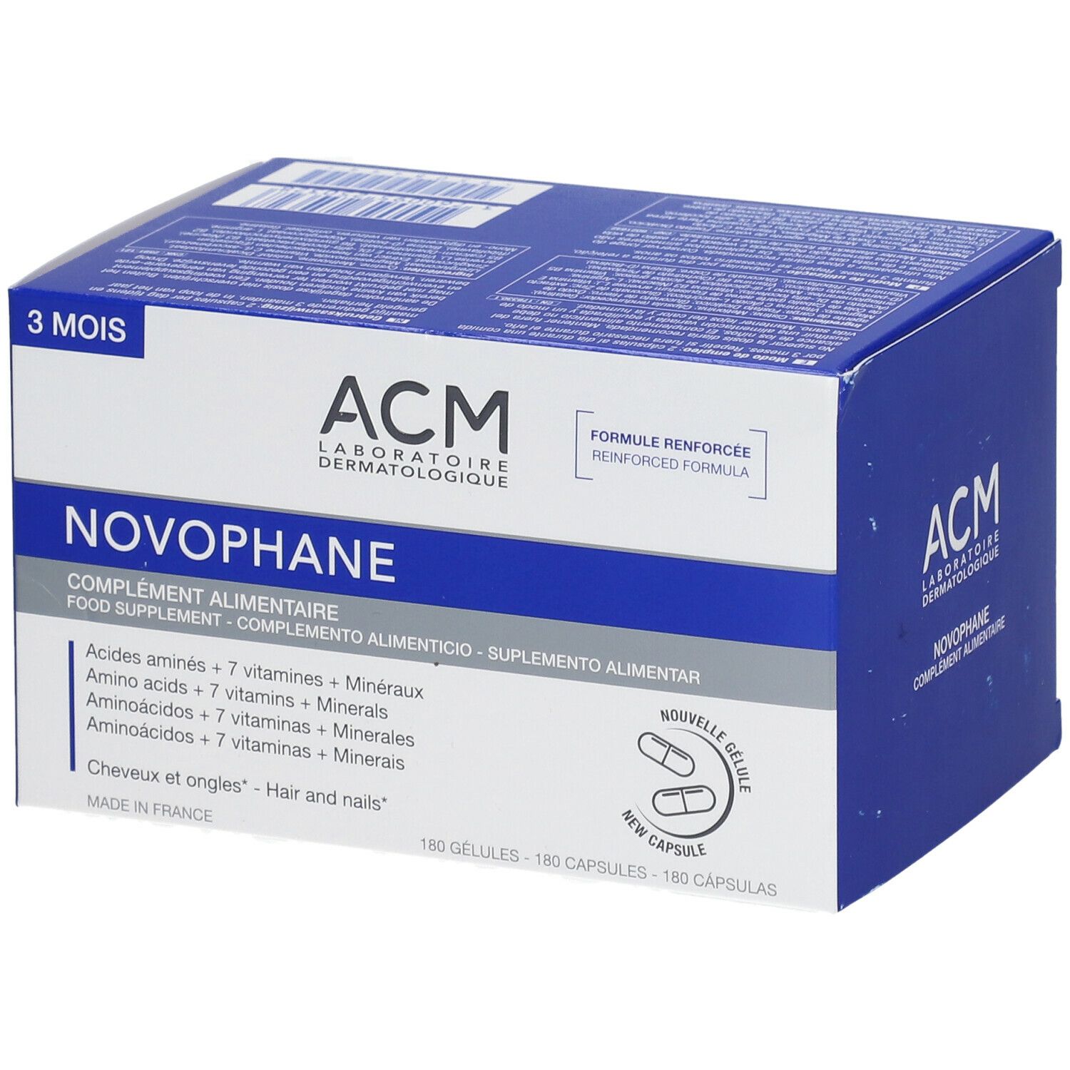 Blauw-witte doos met NOVOPHANE capsules. Opschrift: ACM Laboratoire Dermatologique, 3 mois, 180 capsules.