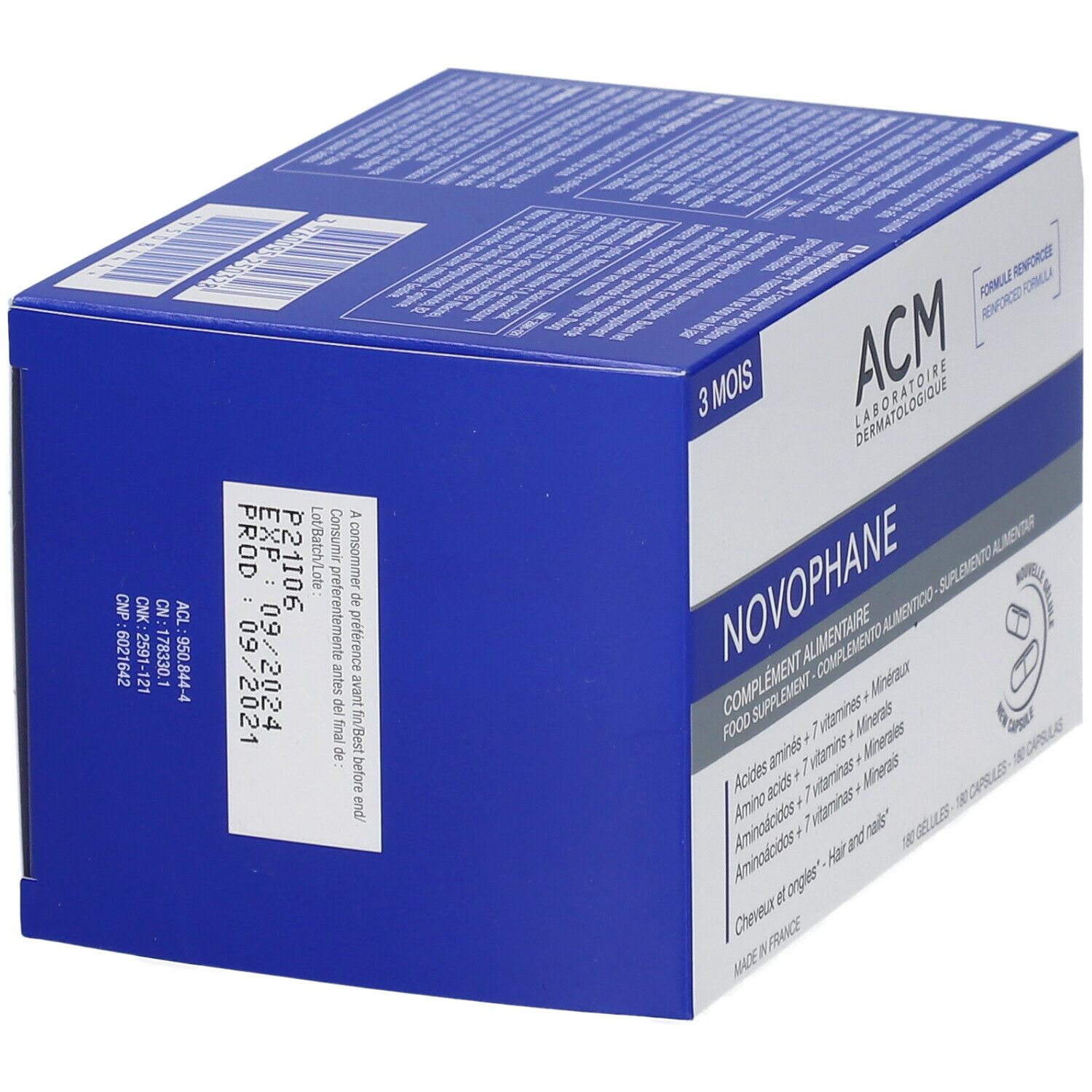 Blauw-witte doos met NOVOPHANE capsules. Opschrift: ACM Laboratoire Dermatologique, 3 mois. Houdbaar tot: 09/2024.