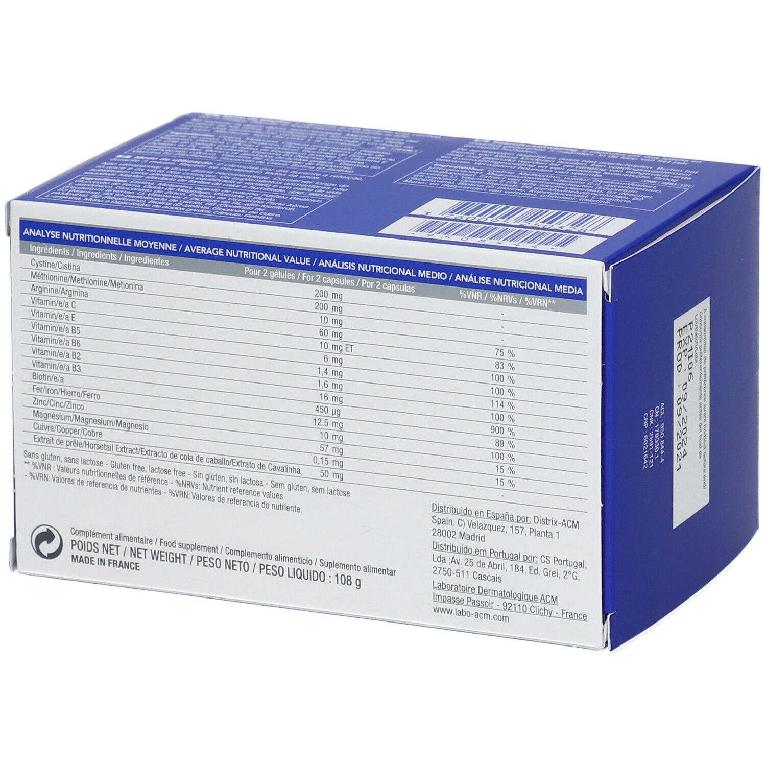 Achterkant van een blauw-witte doos met NOVOPHANE capsules. Bevat voedingswaarde-informatie en fabrikantgegevens.
