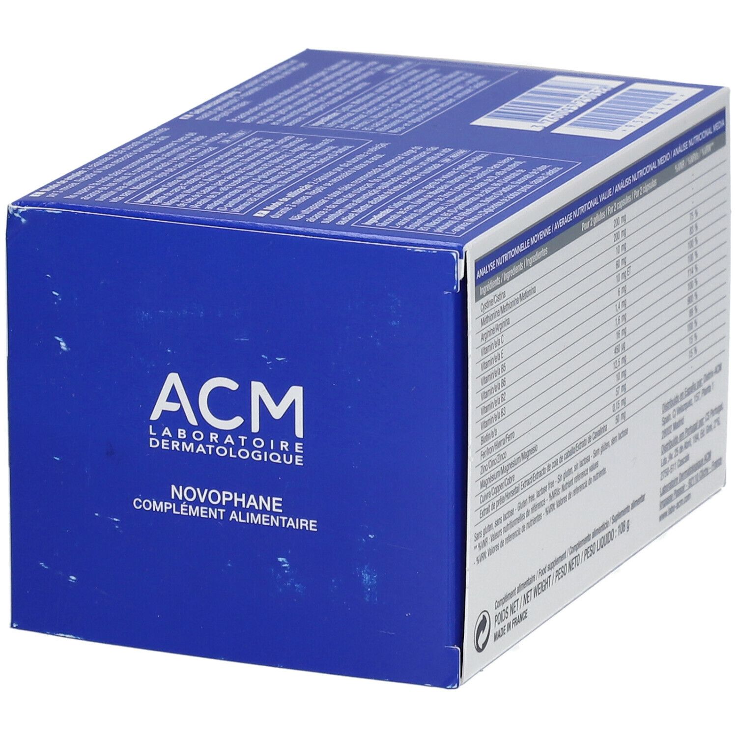 Blauw-witte doos met NOVOPHANE capsules. Opschrift: ACM Laboratoire Dermatologique, NOVOPHANE, complément alimentaire.