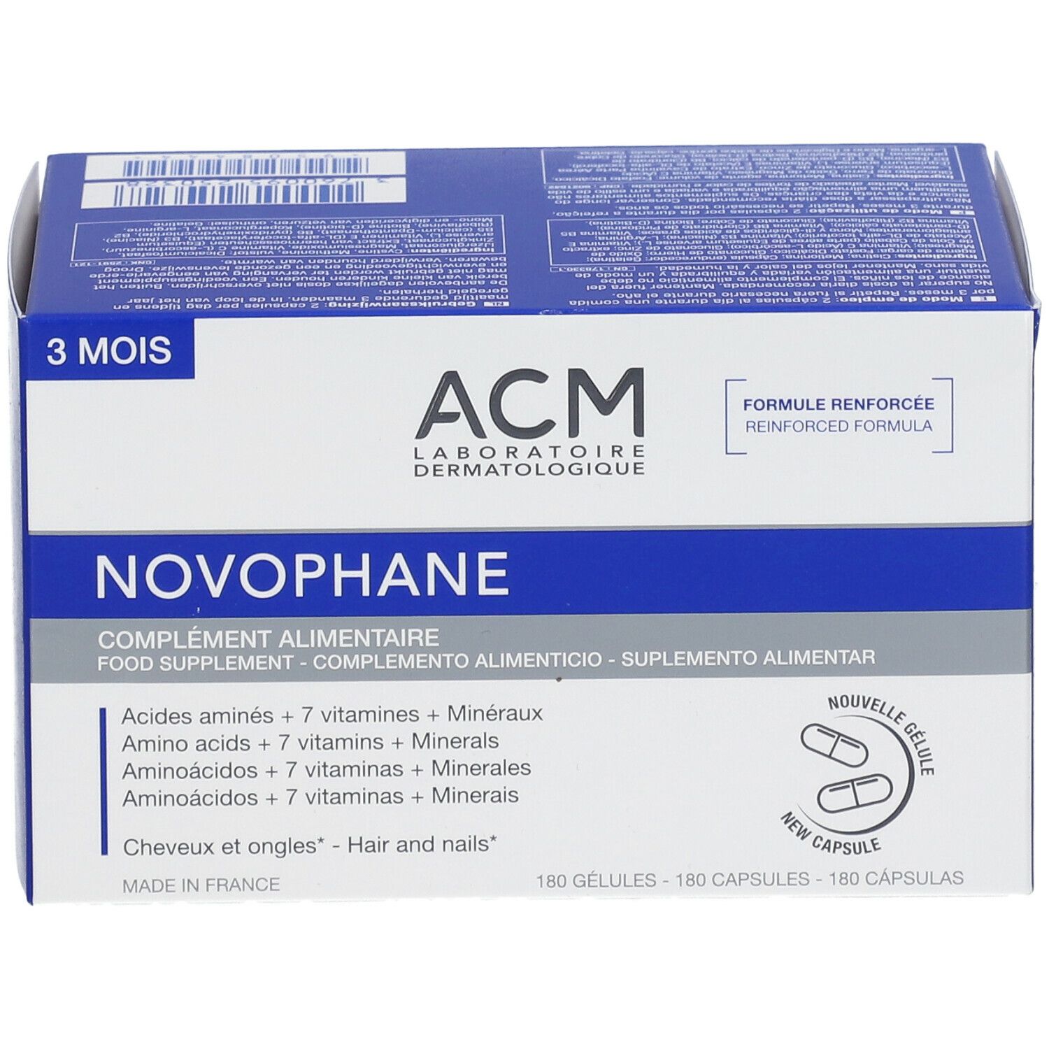Blauw-witte doos met NOVOPHANE capsules. Opschrift: ACM Laboratoire Dermatologique, 3 mois, 180 capsules, nouvelle gélule.