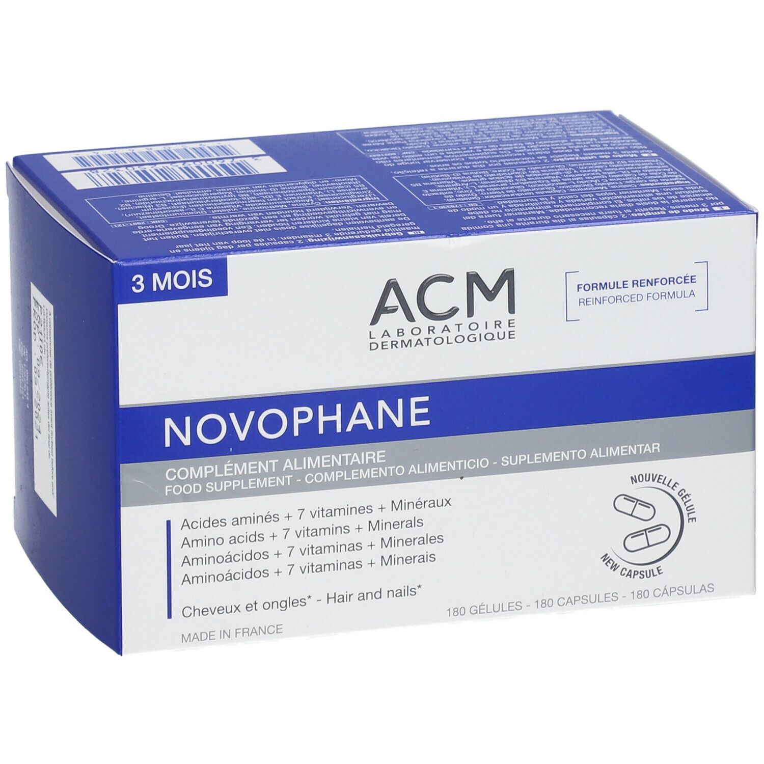 Blauw-witte doos met NOVOPHANE capsules. Opschrift: ACM Laboratoire Dermatologique, 3 mois, 180 capsules, nouvelle gélule.
