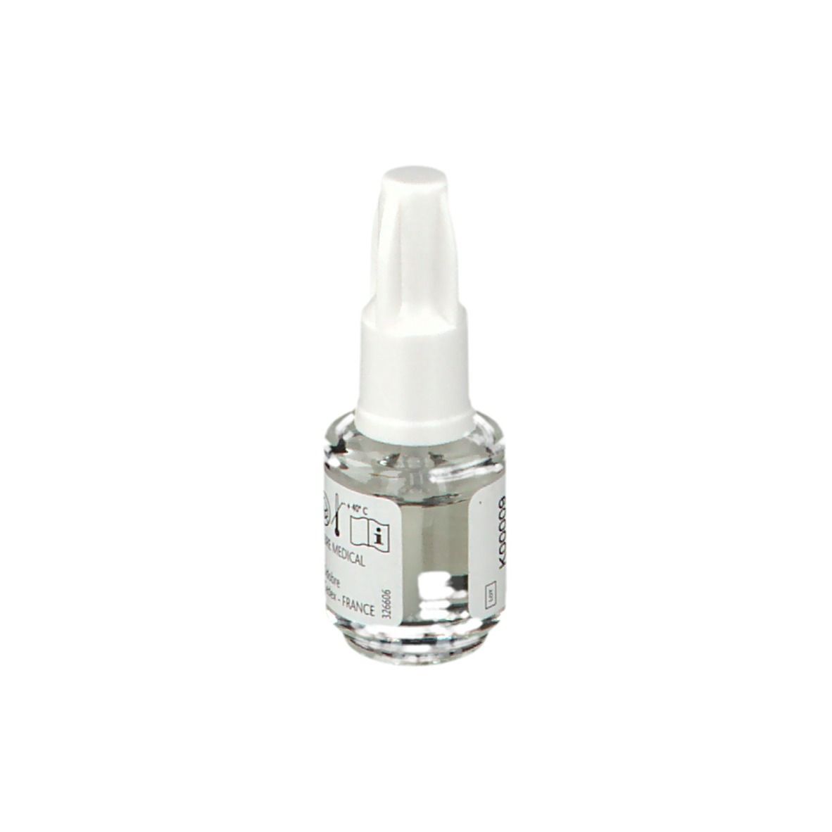 Flacon transparent avec bouchon blanc. Étiquette avec symboles et indication de température.