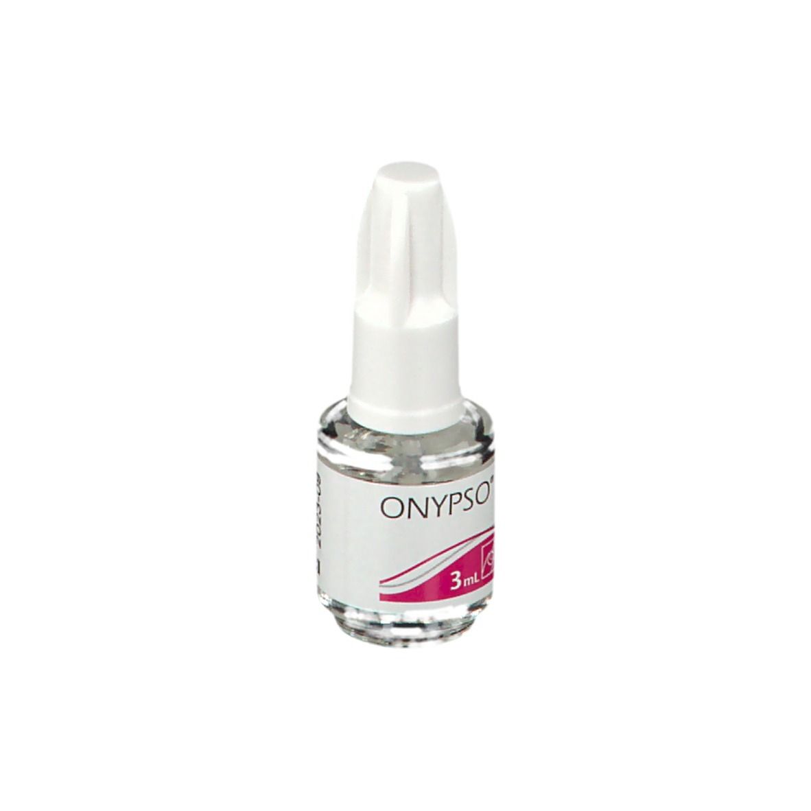 Flacon transparent avec bouchon blanc. Étiquette avec inscription ONYPSO et 3ml. Accent rose.