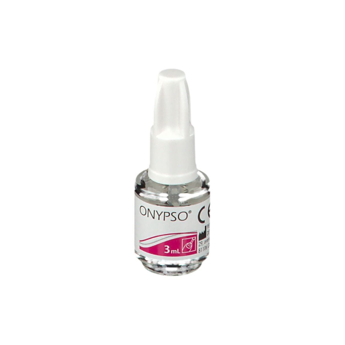 Flacon transparent avec bouchon blanc. Étiquette avec inscription ONYPSO, marquage CE et 3ml.