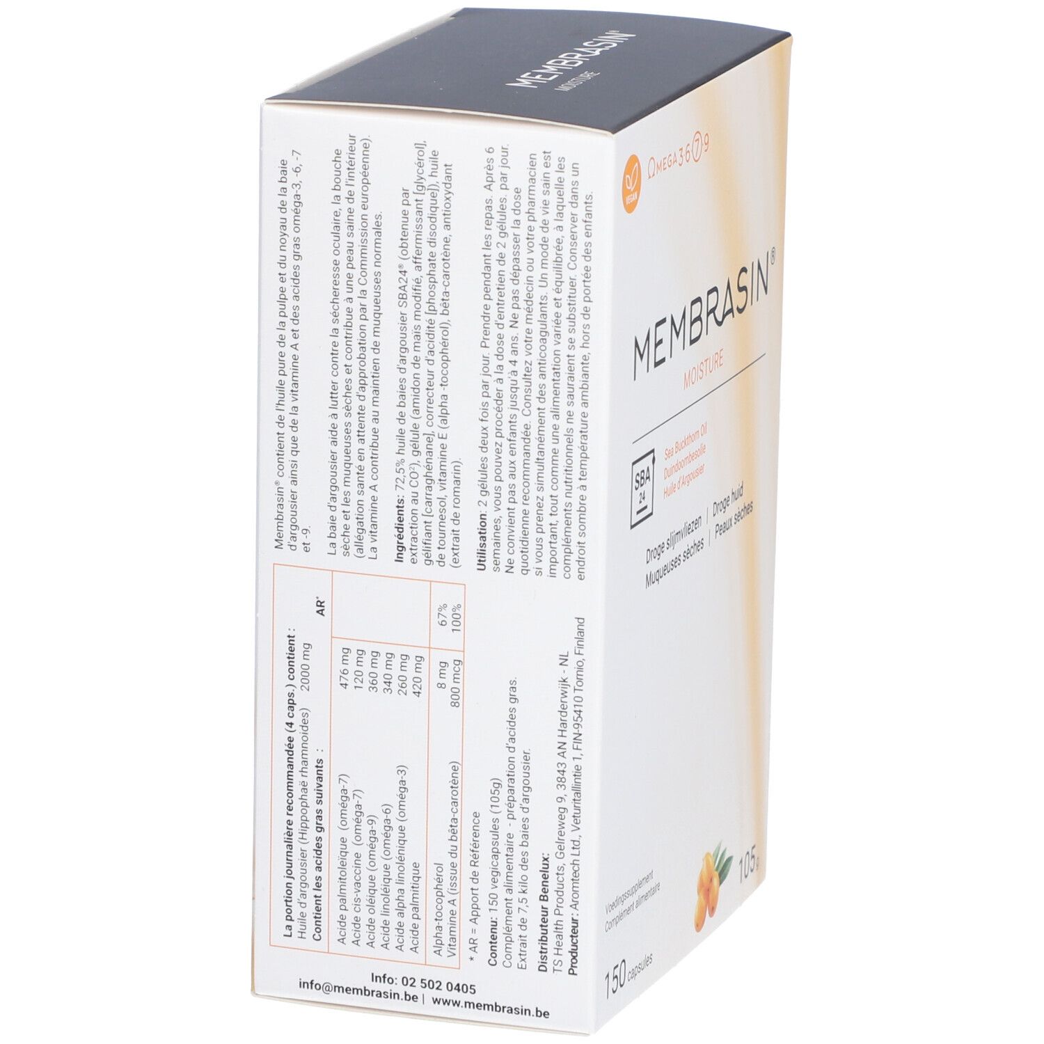 Boîte de produit, vue latérale avec texte. Contient des informations sur les ingrédients et le dosage.