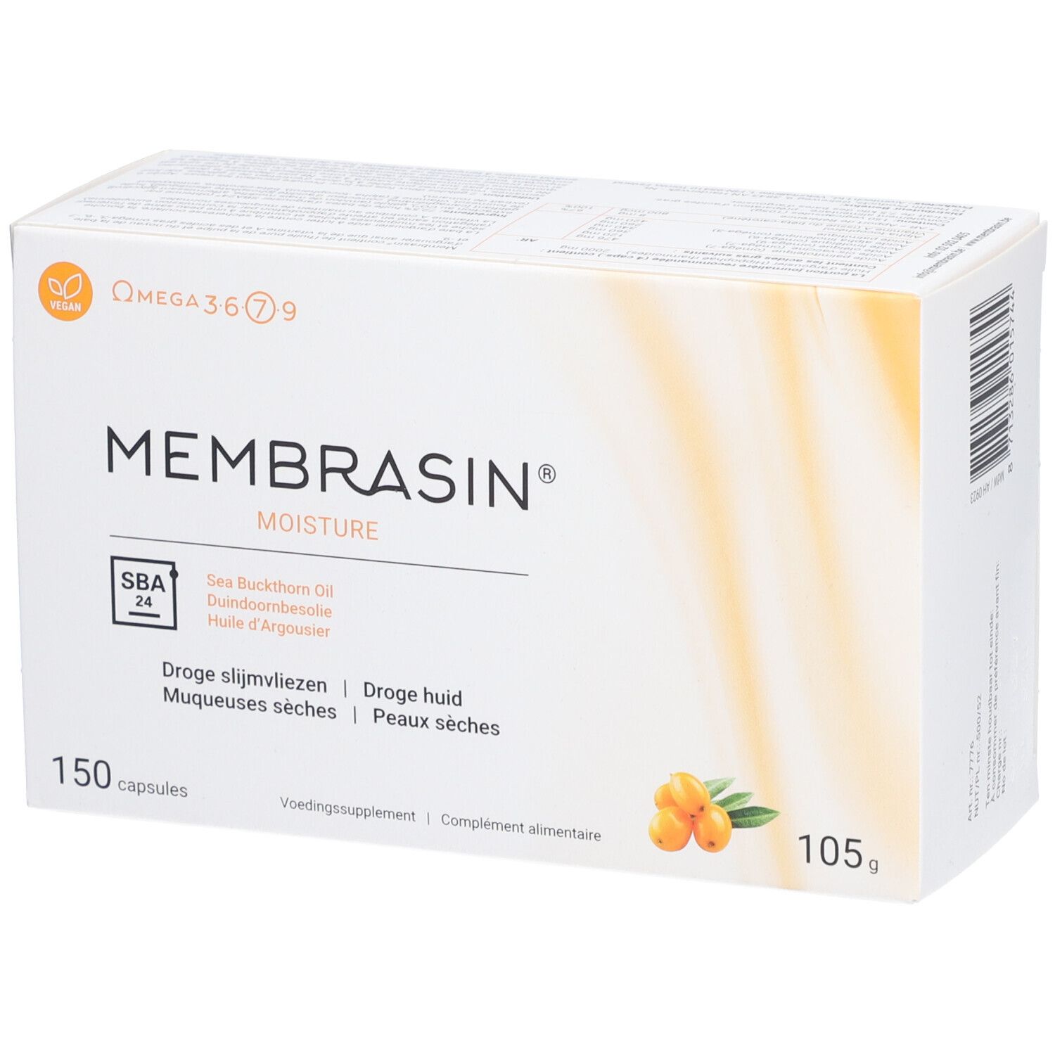 Boîte de produit avec nom et informations. 150 capsules, 105g. Logo vegan.
