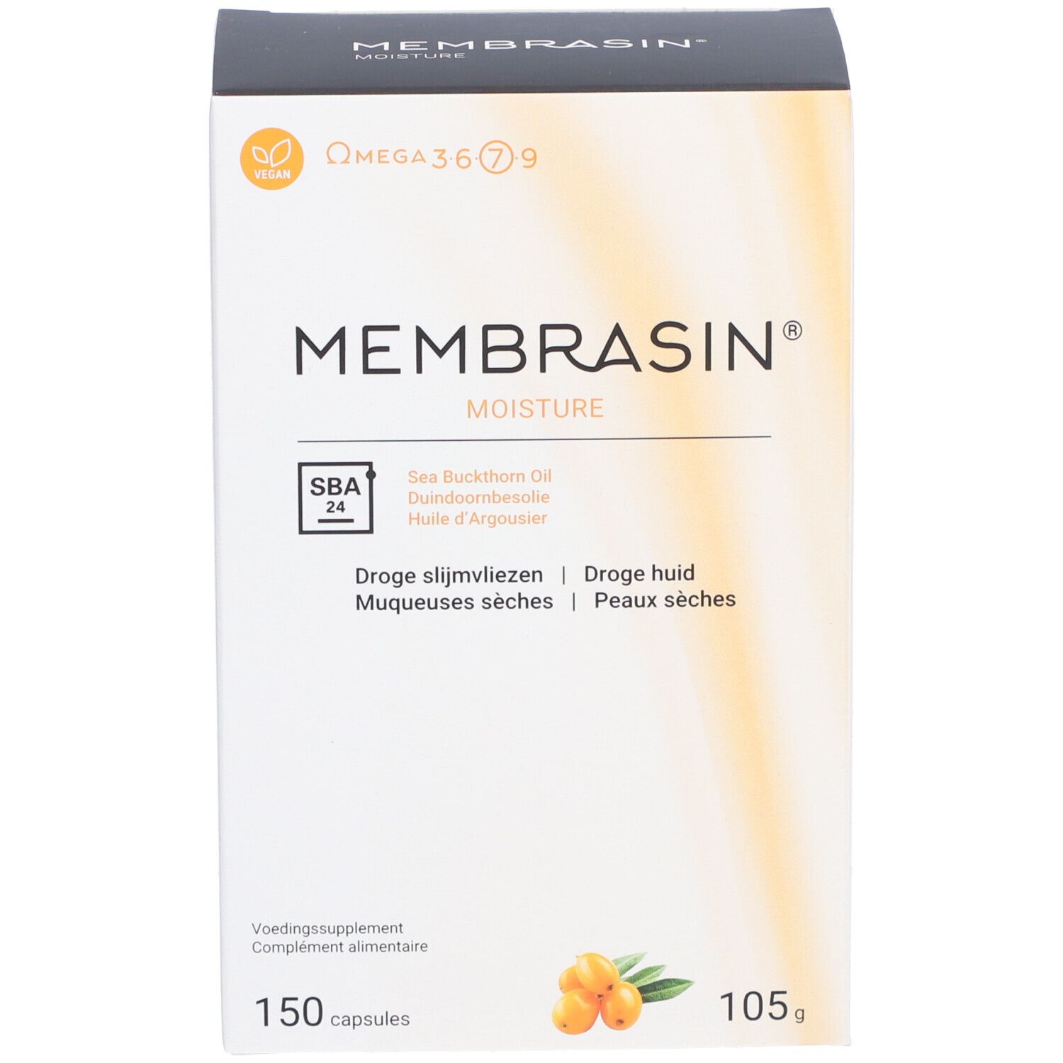 Boîte de produit avec nom et informations. 150 capsules, 105g. Logo vegan.