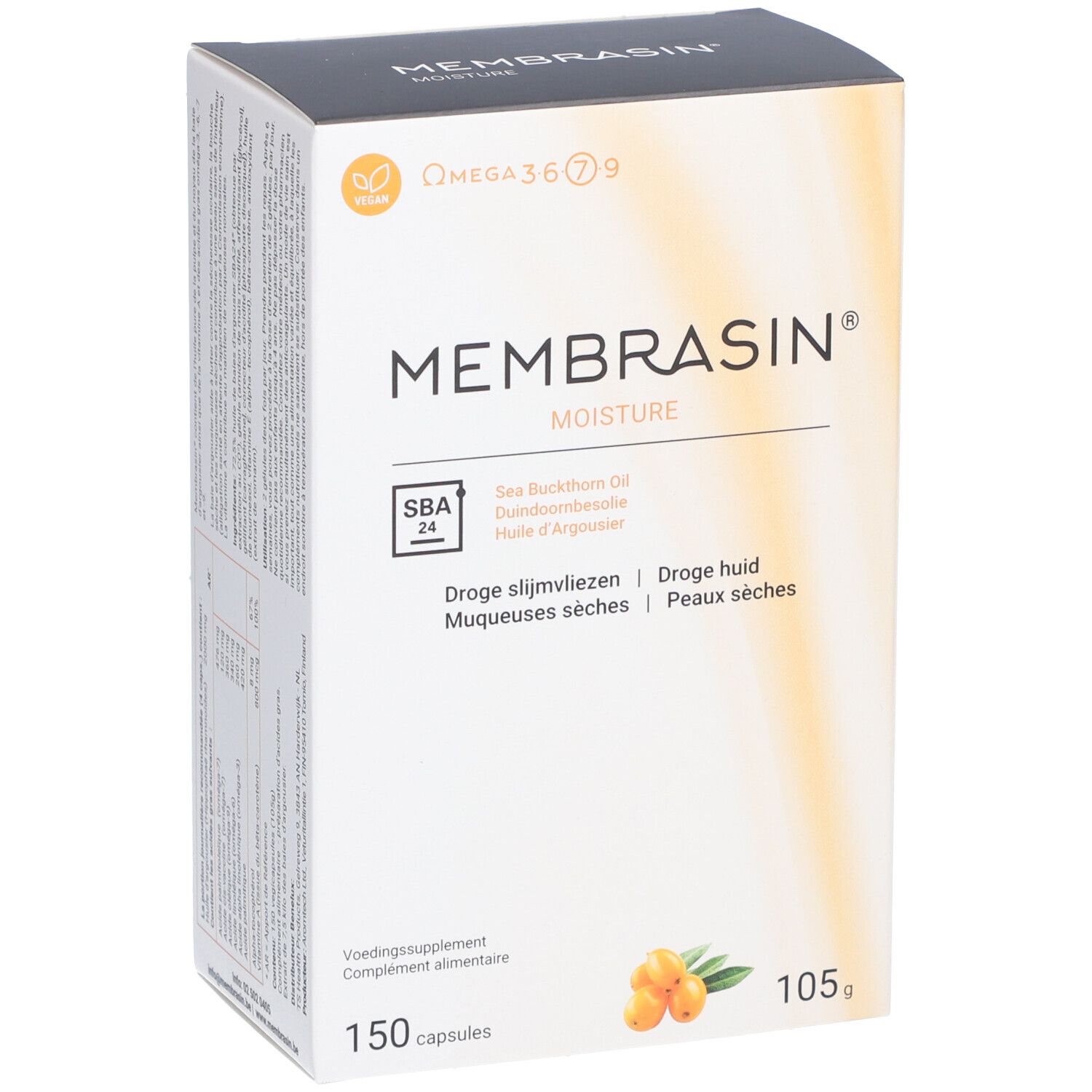 Boîte de produit, vue en biais. Nom du produit et informations. 150 capsules, 105g.