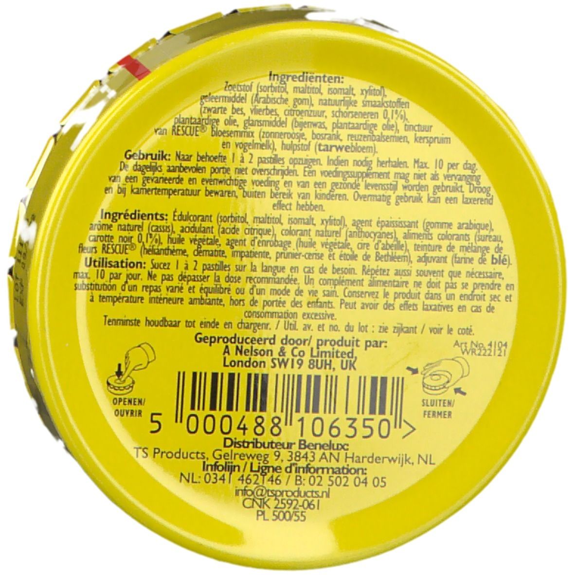 Dos de la boîte jaune avec ingrédients, mode d'emploi et informations fabricant. Code-barres et adresse.