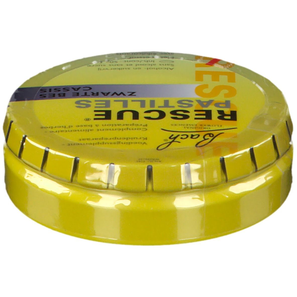 Boîte jaune RESCUE Pastilles, cassis. Nom du produit et informations sur le couvercle.