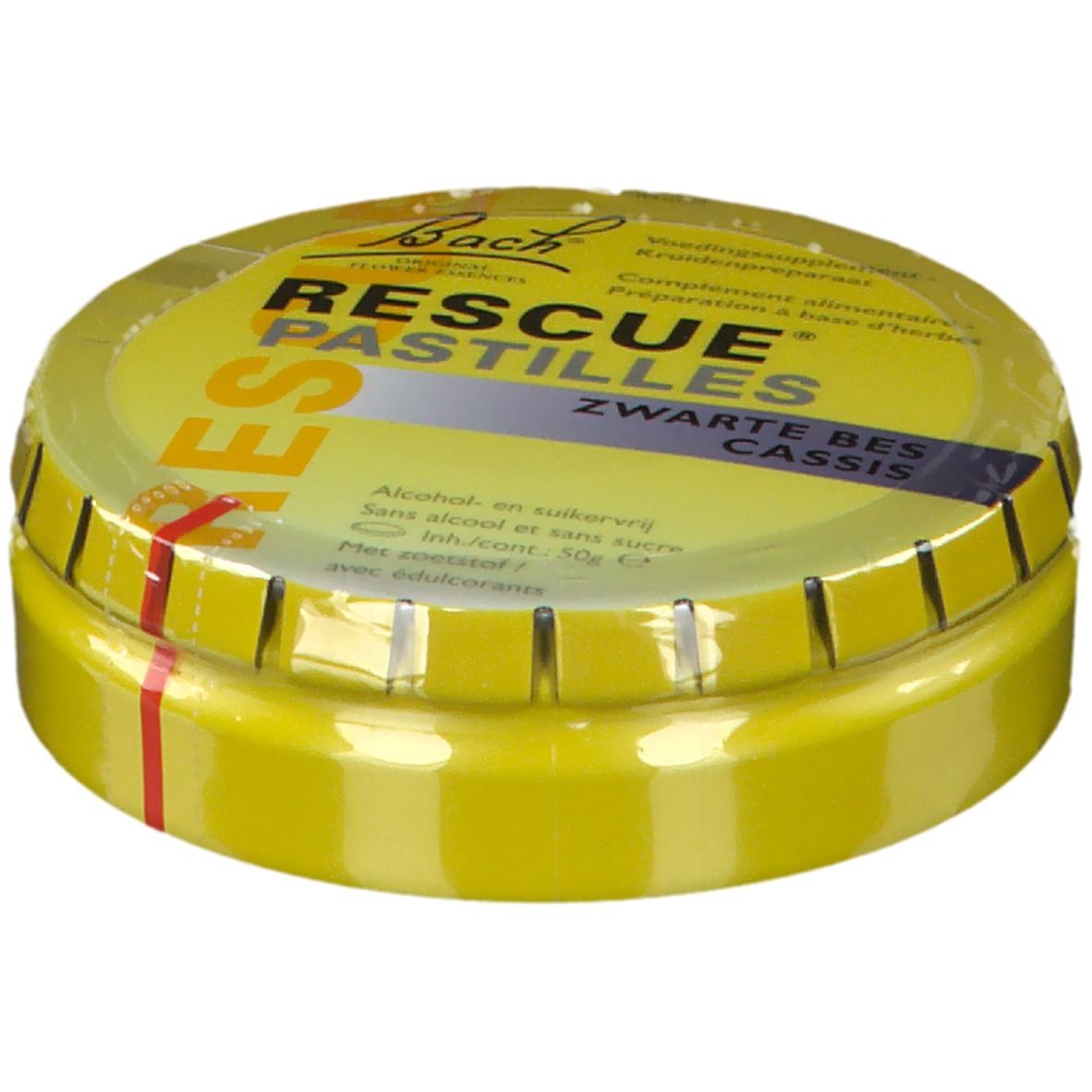 Boîte jaune RESCUE Pastilles, cassis. Nom du produit et informations sur le couvercle.