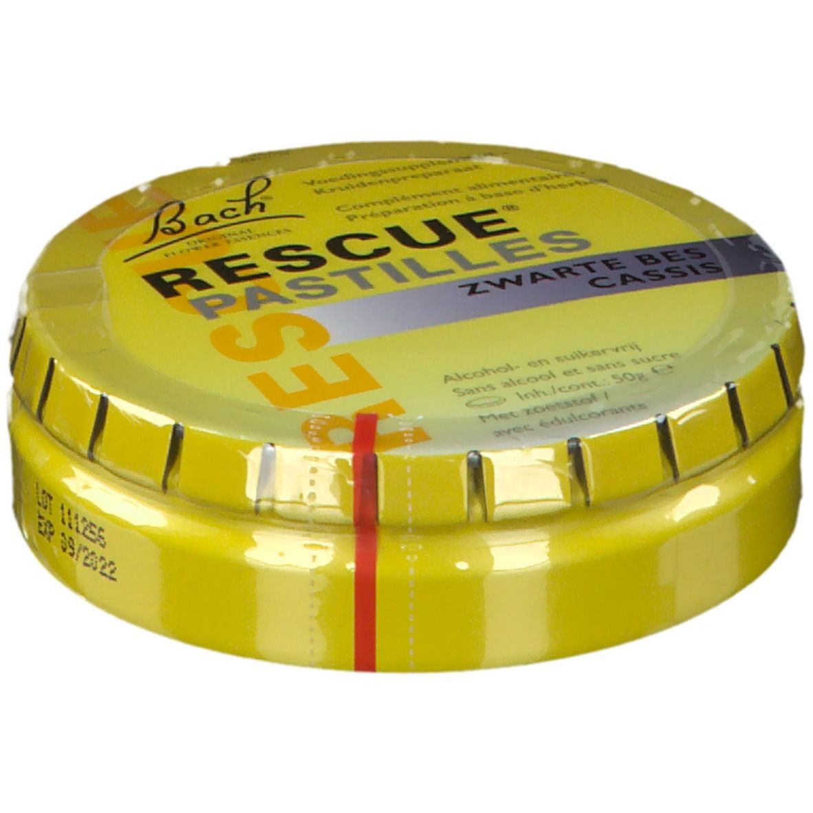 Boîte jaune RESCUE Pastilles, cassis. Nom du produit et date de péremption.
