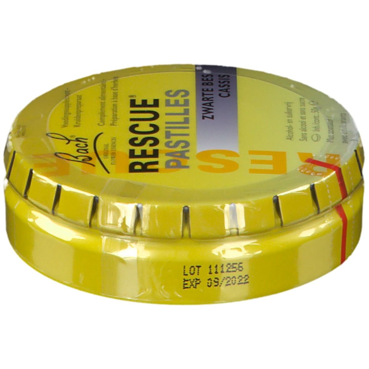 Boîte jaune RESCUE Pastilles, cassis. Date de péremption et numéro de lot.