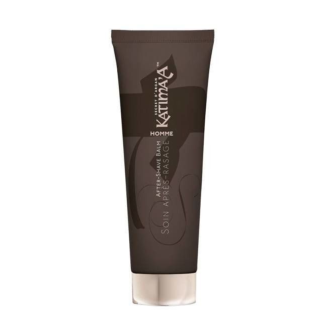 Tube marron. Inscription: Katima'a, After-Shave Balm, Homme, Soin Après-Rasage. Bouchon argenté.