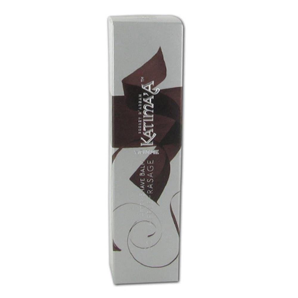 Emballage blanc. Inscription: Katima'a, After-Shave Balm, Soin Après-Rasage. Ruban marron.