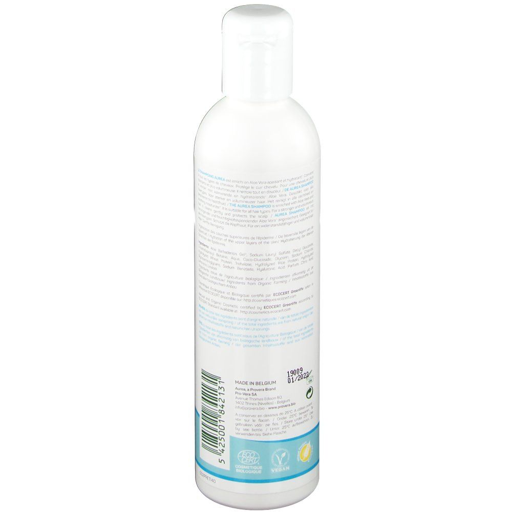Dos du flacon blanc de shampooing Aurea Aloe Vera. Étiquette avec informations et code-barres.