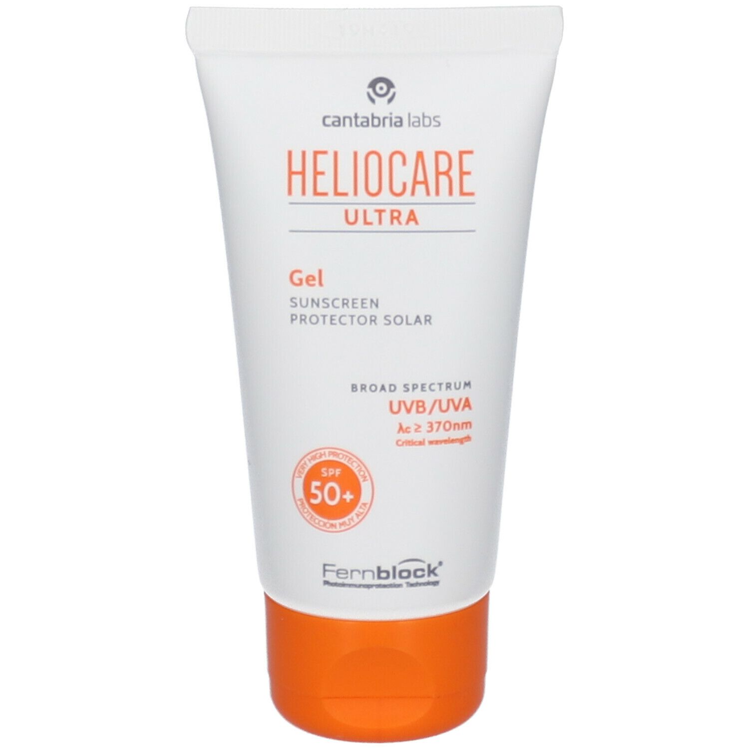 Tube Heliocare Ultra Gel SPF 50+. Tube blanc avec bouchon orange. Inscription: Heliocare Ultra, Gel, SPF 50+.