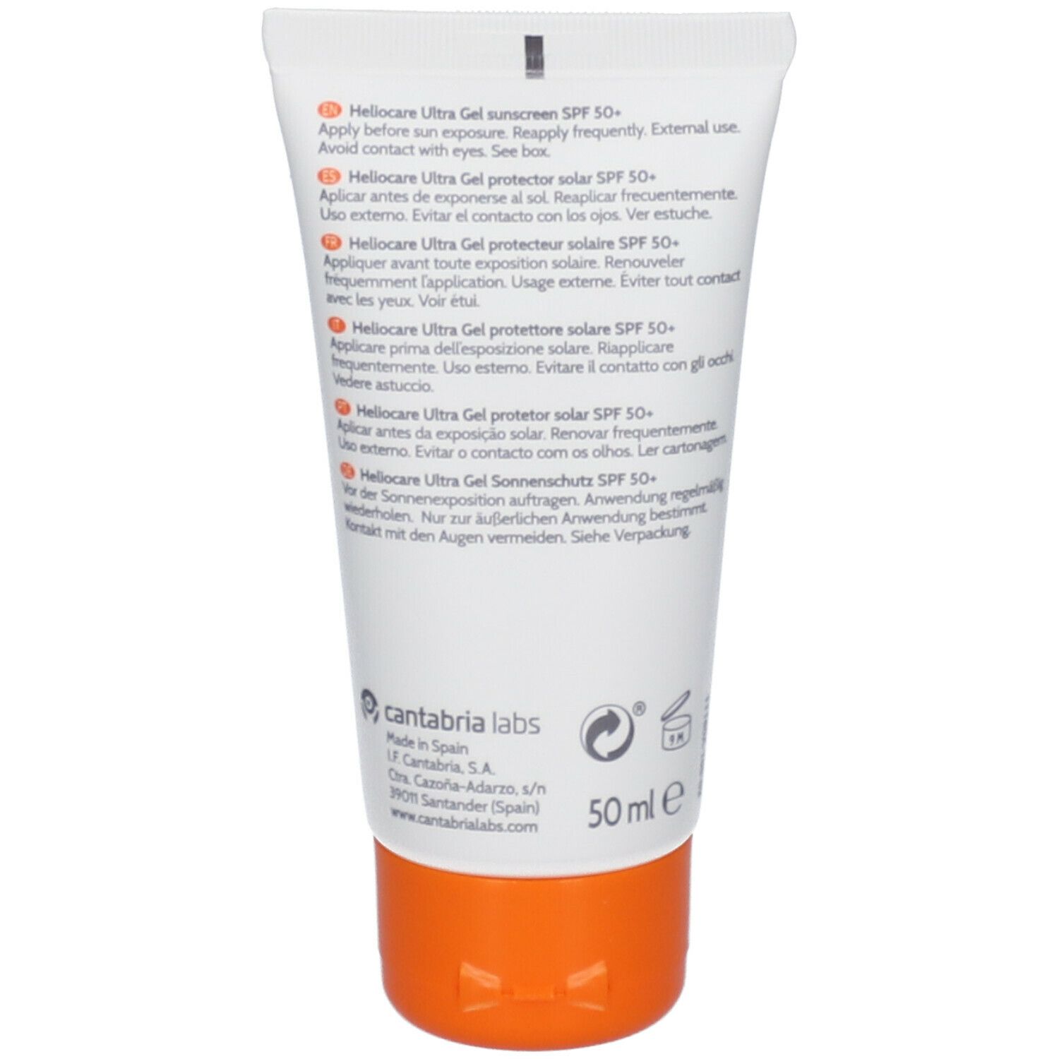 Dos du tube Heliocare Ultra Gel SPF 50+. Texte multilingue. Bouchon orange. 50 ml.