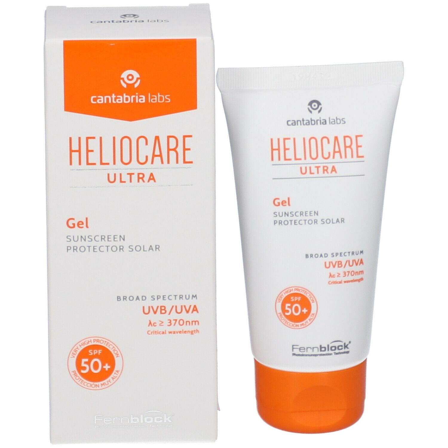 Heliocare Ultra Gel SPF 50+ et emballage. Emballage blanc avec accents orange. Tube et emballage côte à côte.