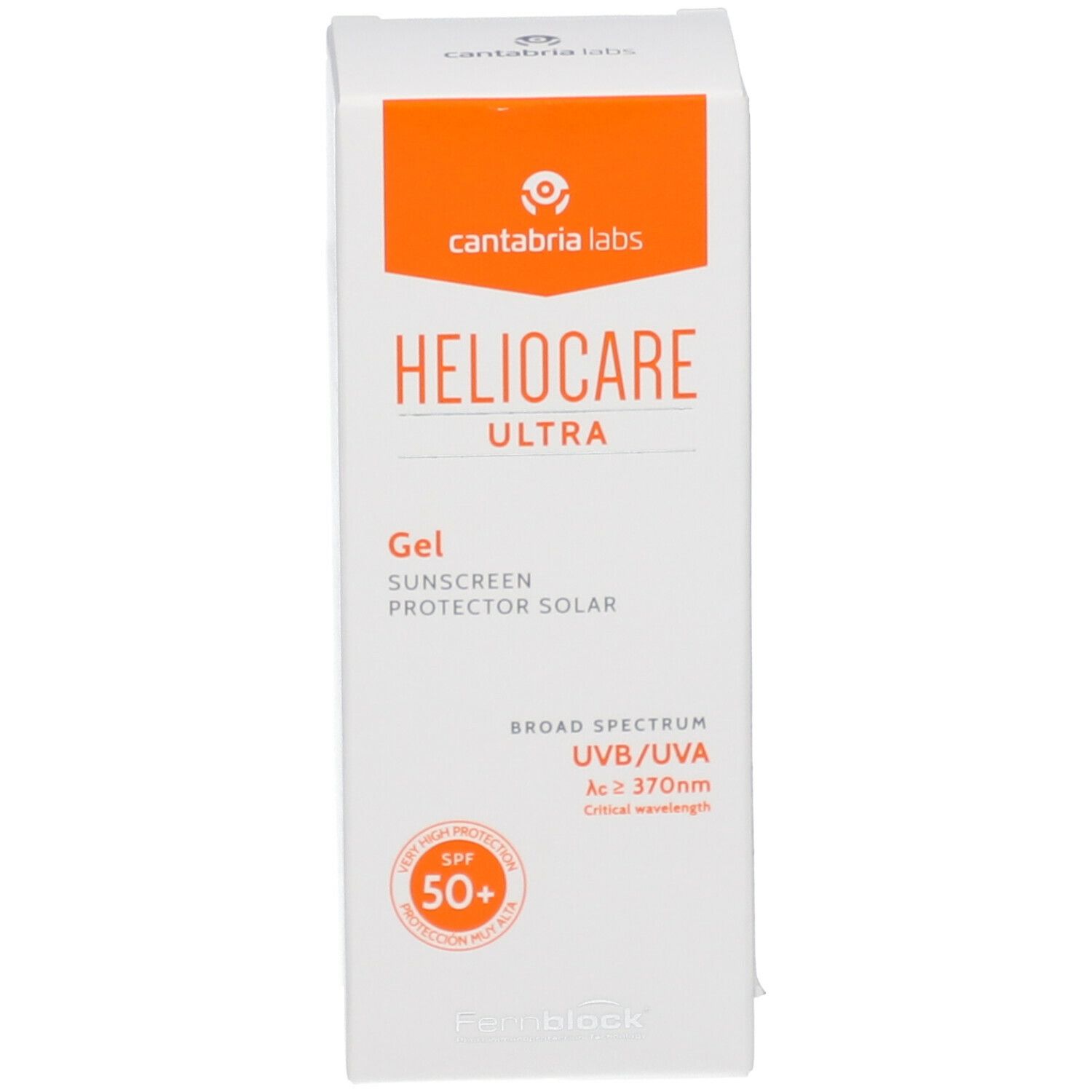 Emballage Heliocare Ultra Gel SPF 50+. Emballage blanc avec accents orange. Inscription: Heliocare Ultra, SPF 50+.