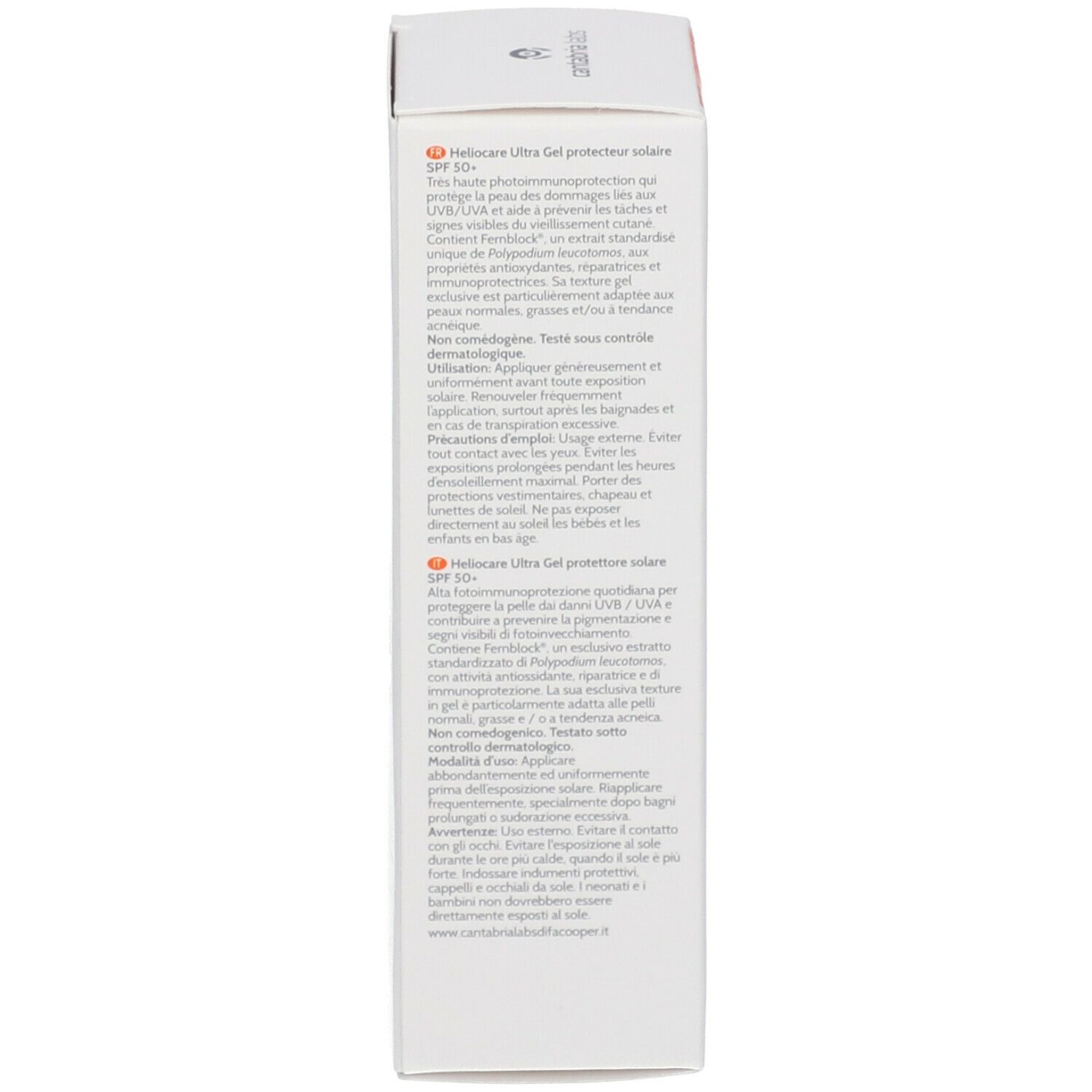 Dos de l'emballage Heliocare Ultra Gel SPF 50+. Texte multilingue. Emballage blanc.