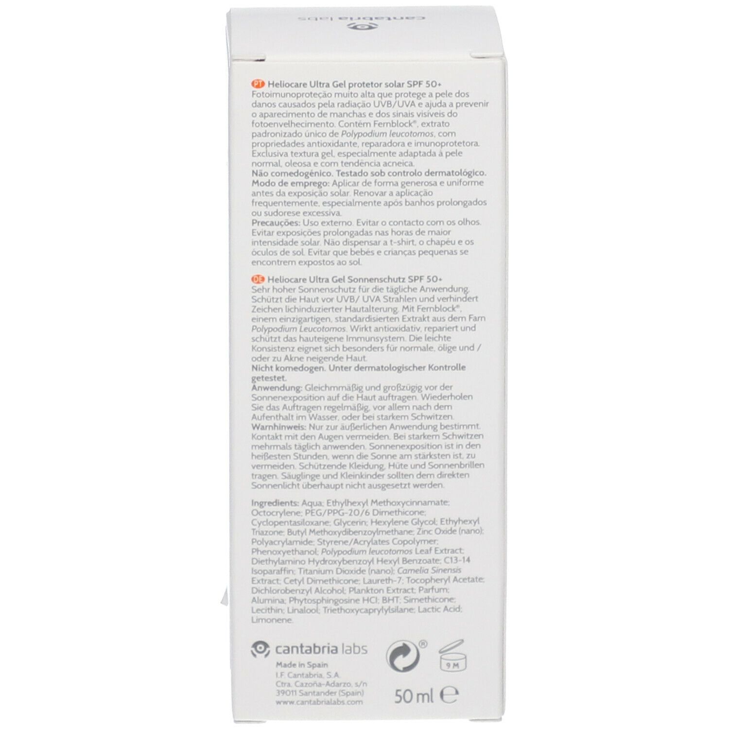 Dos de l'emballage Heliocare Ultra Gel SPF 50+. Ingrédients et informations fabricant. 50 ml.