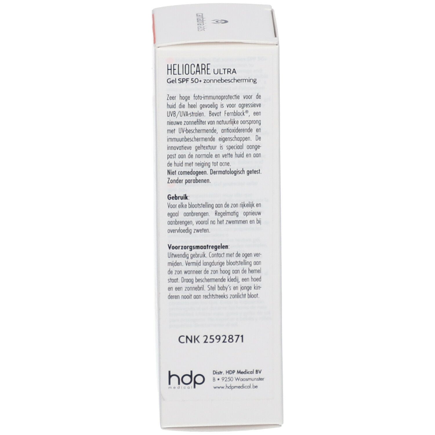 Côté de l'emballage Heliocare Ultra Gel SPF 50+. Texte en néerlandais. CNK 2592871.