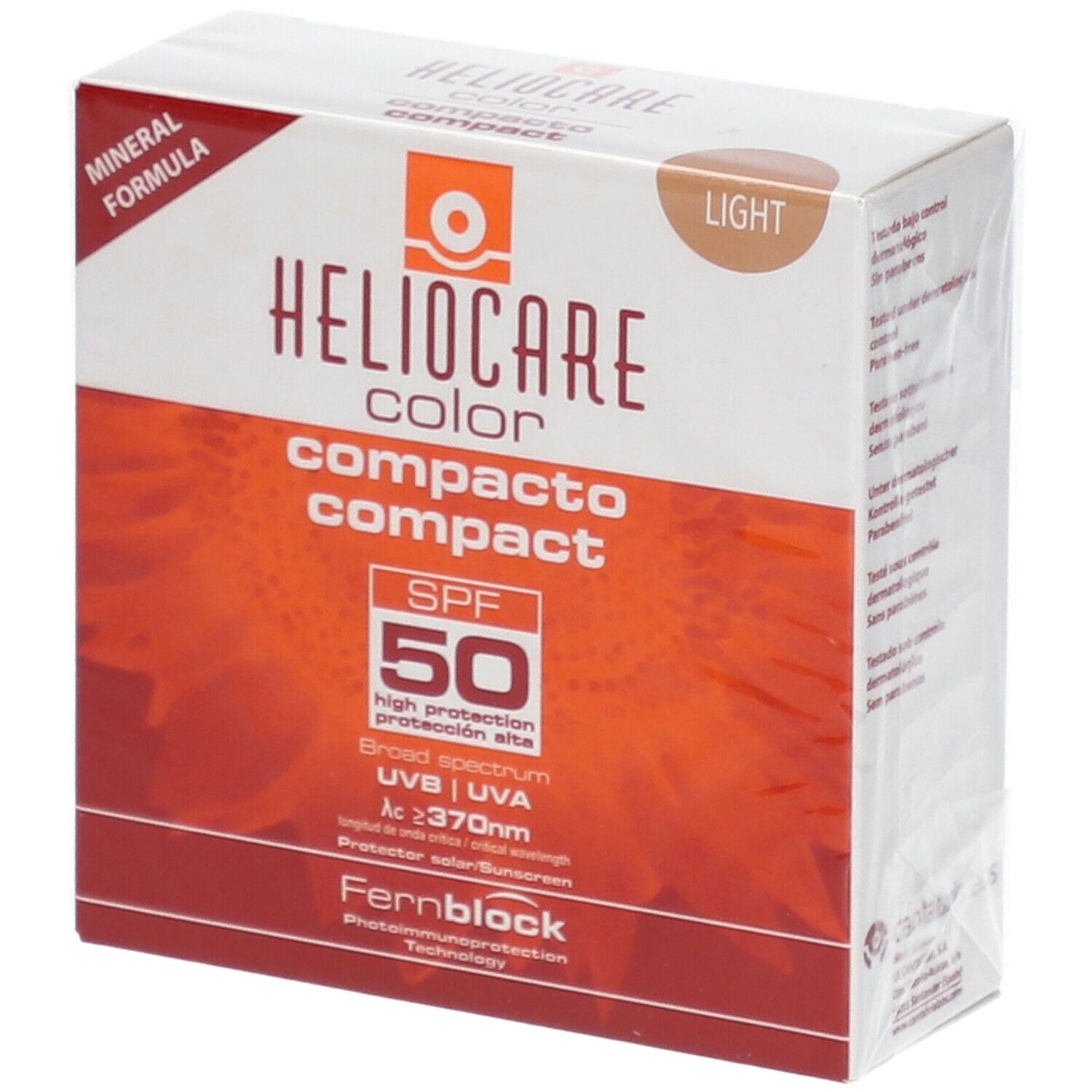 Heliocare Color Compact SPF50, emballage. Mineral Formula. Teinte Light. Haute protection solaire. Technologie Fernblock.