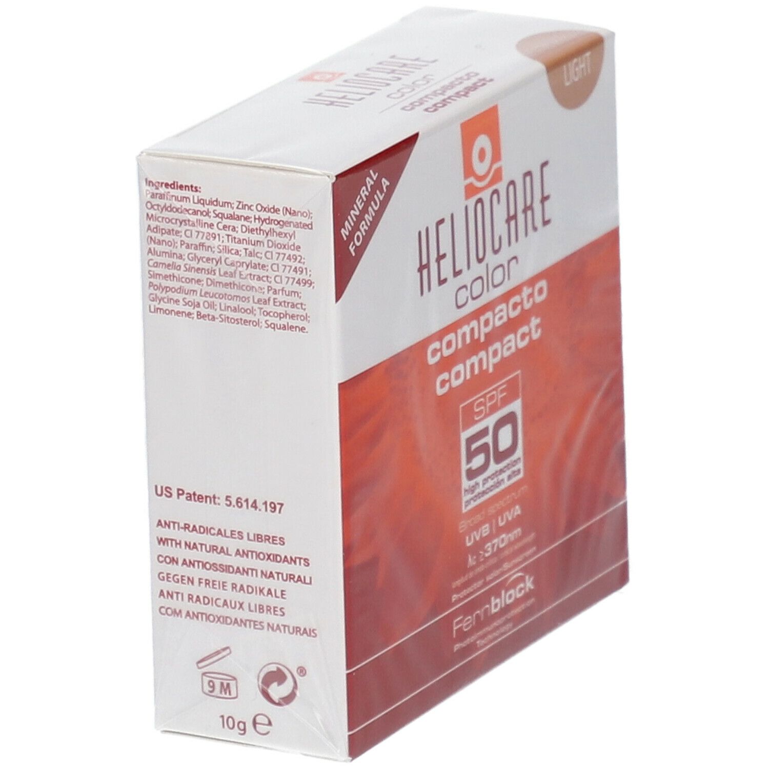Heliocare Color Compact SPF50, emballage. Ingrédients. Mineral Formula. Protection solaire. Anti-radicaux. 10g.