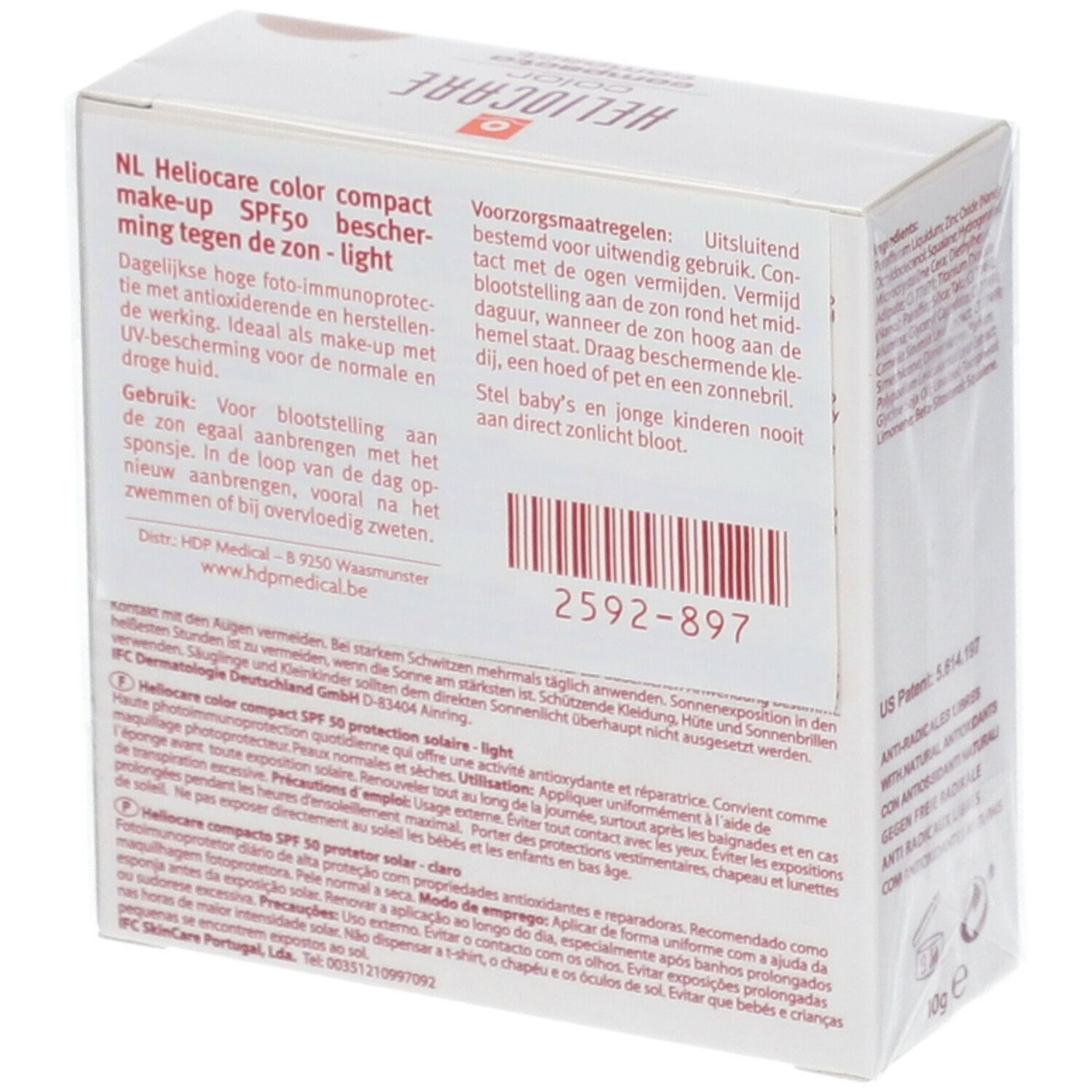 Heliocare Color Compact SPF50, emballage. Texte en néerlandais. Protection solaire. 10g. Avertissements.