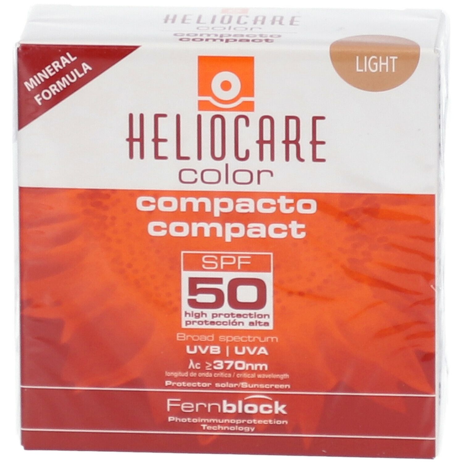 Heliocare Color Compact SPF50, emballage. Mineral Formula. Teinte Light. Haute protection solaire. Technologie Fernblock.