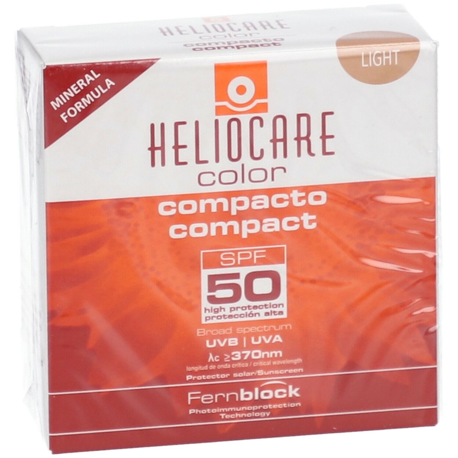 Heliocare Color Compact SPF50, emballage. Teinte Light. Haute protection solaire. Technologie Fernblock. Mineral Formula.