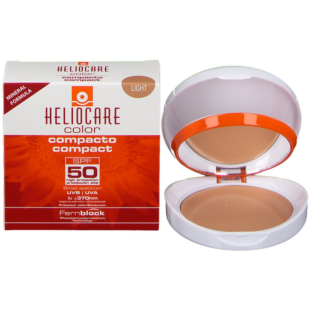 Heliocare Color Compact SPF50, produit et emballage. Teinte Light. Poudre compacte avec miroir.