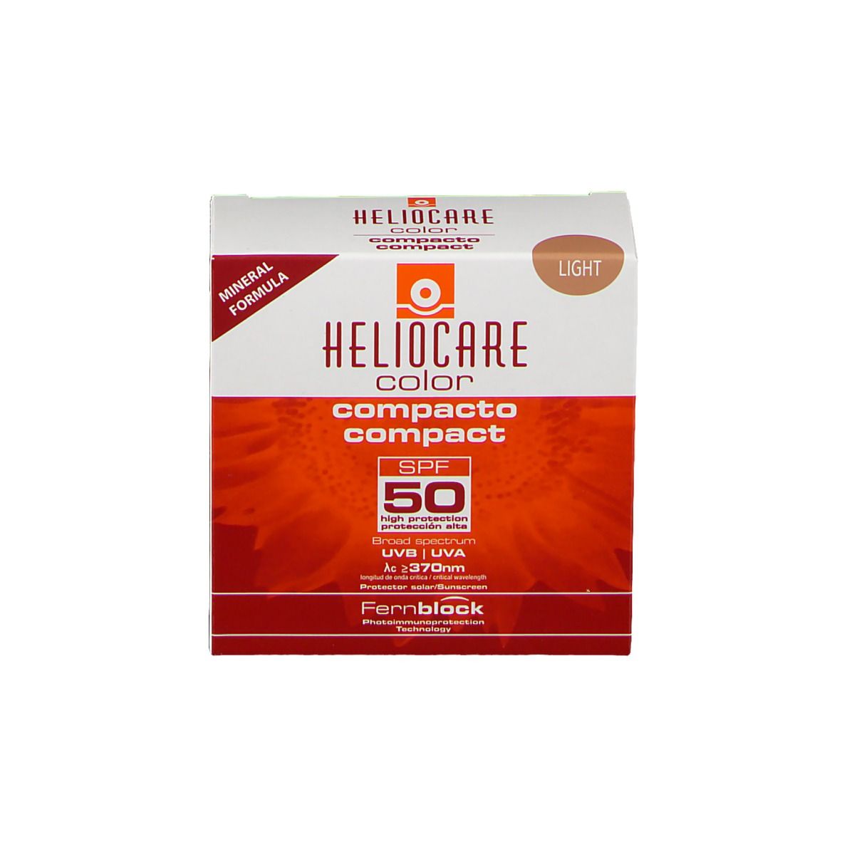 Heliocare Color Compact SPF50, emballage. Teinte Light. Haute protection solaire. Technologie Fernblock. Mineral Formula.