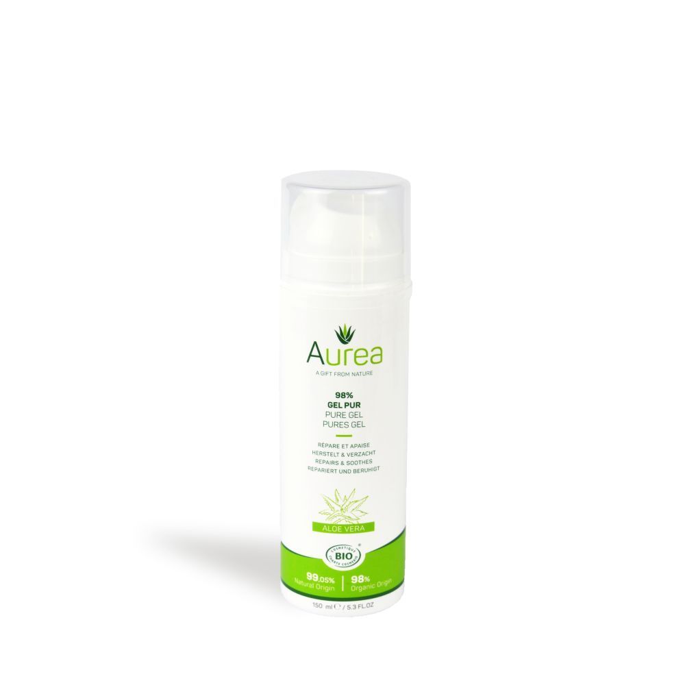 Flacon blanc avec bouchon transparent. Inscription: Aurea, 98% Gel Pur Aloe Vera. Label Bio.