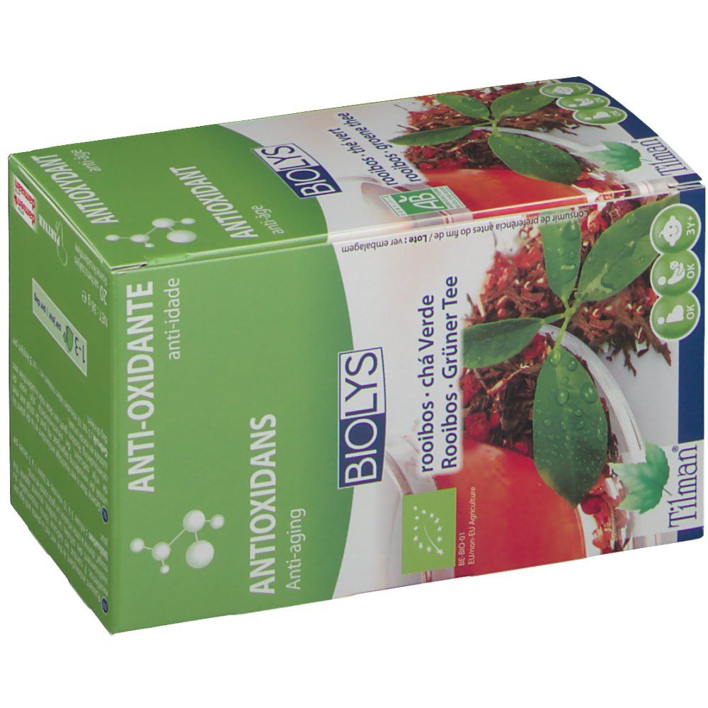 Scatola verde Biolys Rooibos - Thé Vert. Scritta: Antiossidante, anti-età. Marchio biologico. Contiene bustine di tè.