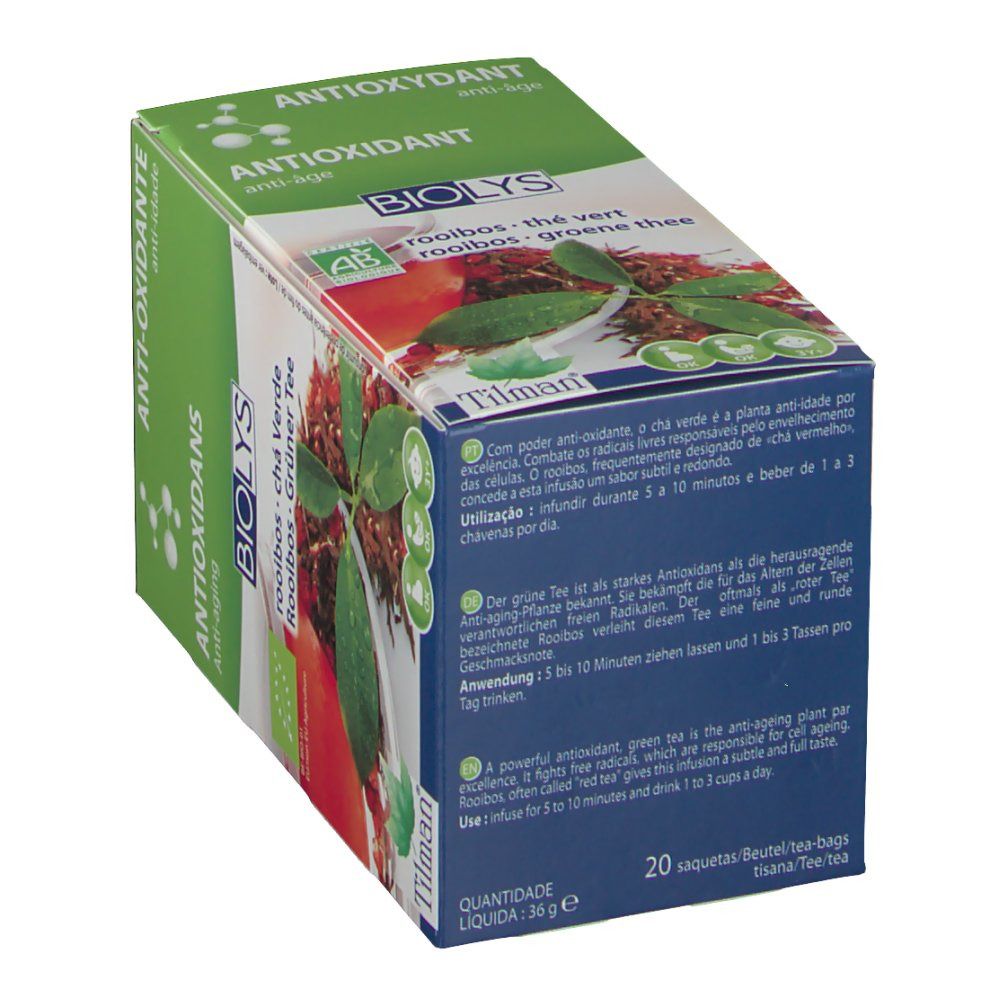 Scatola verde Biolys Rooibos - Thé Vert. Scritta: Antiossidante, anti-età. Marchio biologico. 20 bustine di tè.